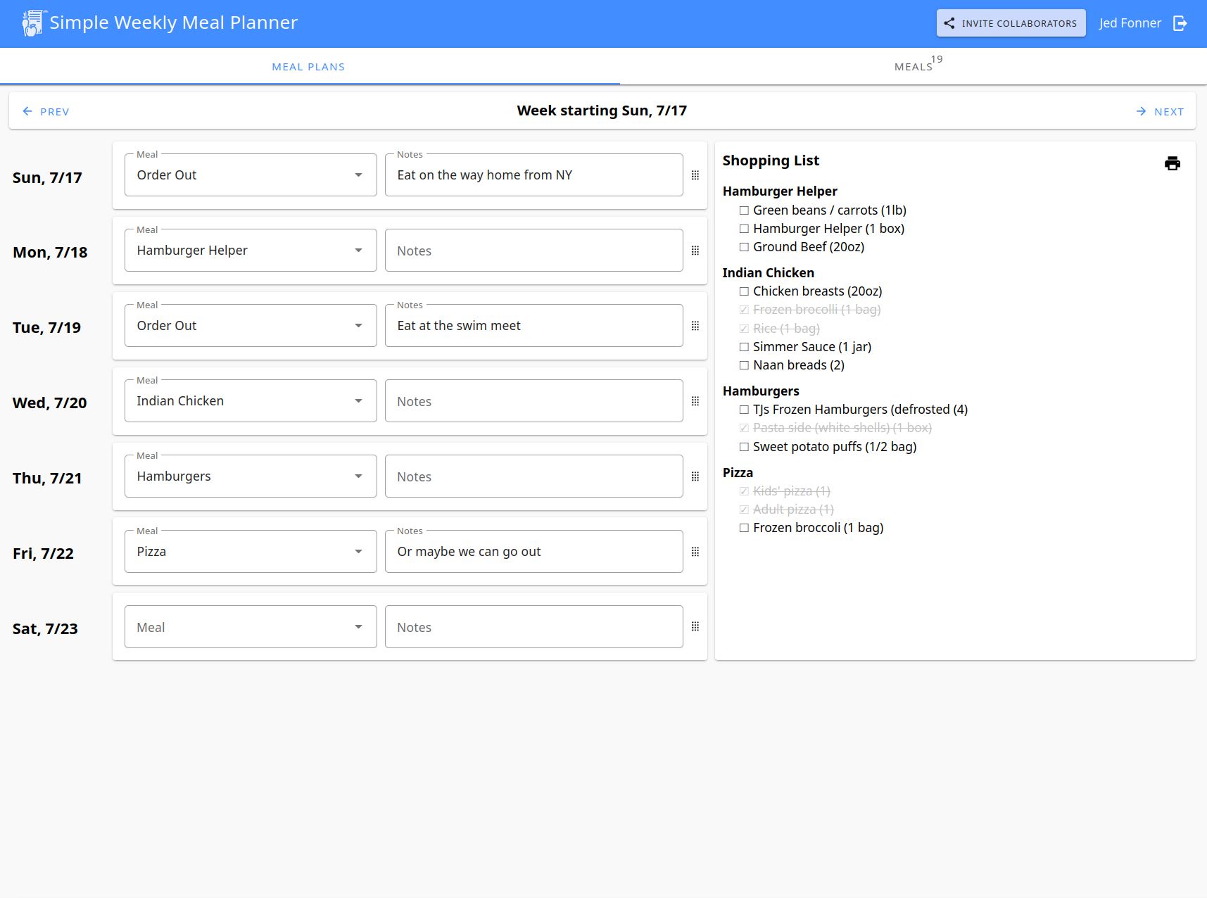 Simple Weekly Meal Planner